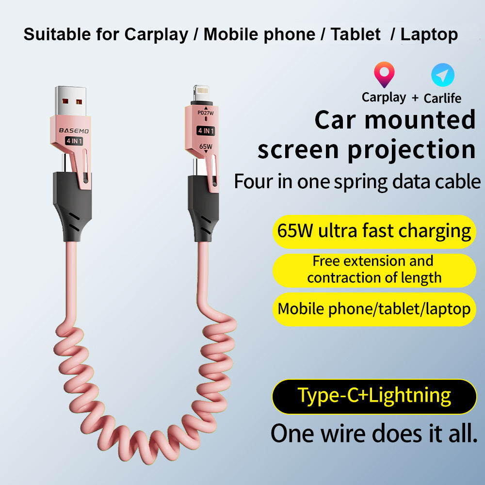 4-in-1 65W Spring Wired Supercharging Cable for MacBook, iPad, iPhone, Android, Vehicle