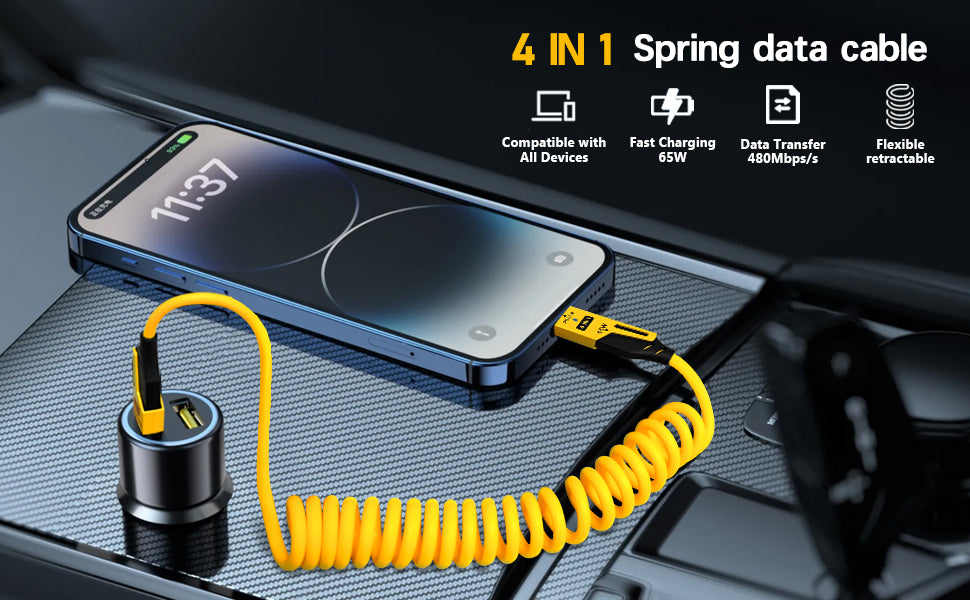 4-in-1 65W Spring Wired Supercharging Cable for MacBook, iPad, iPhone, Android, Vehicle