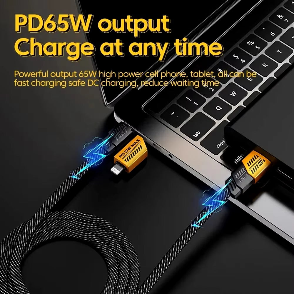 4-in-1 65W 3FT Flat Nylon Braided Fast Charging Cable for MacBook, iPad, iPhone, Android, Vehicle