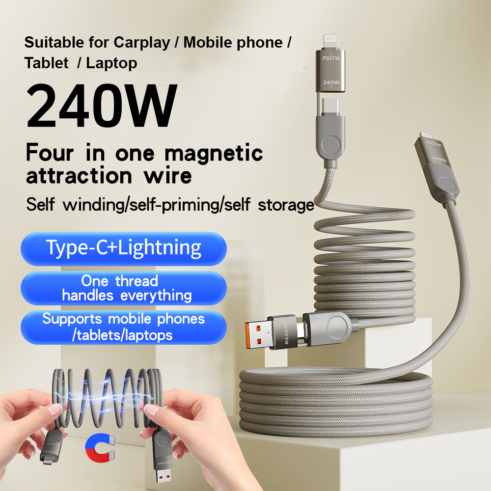 4-in-1 240W Magnetic Wired Supercharging Cable for MacBook, iPad, iPhone, Android, Vehicle