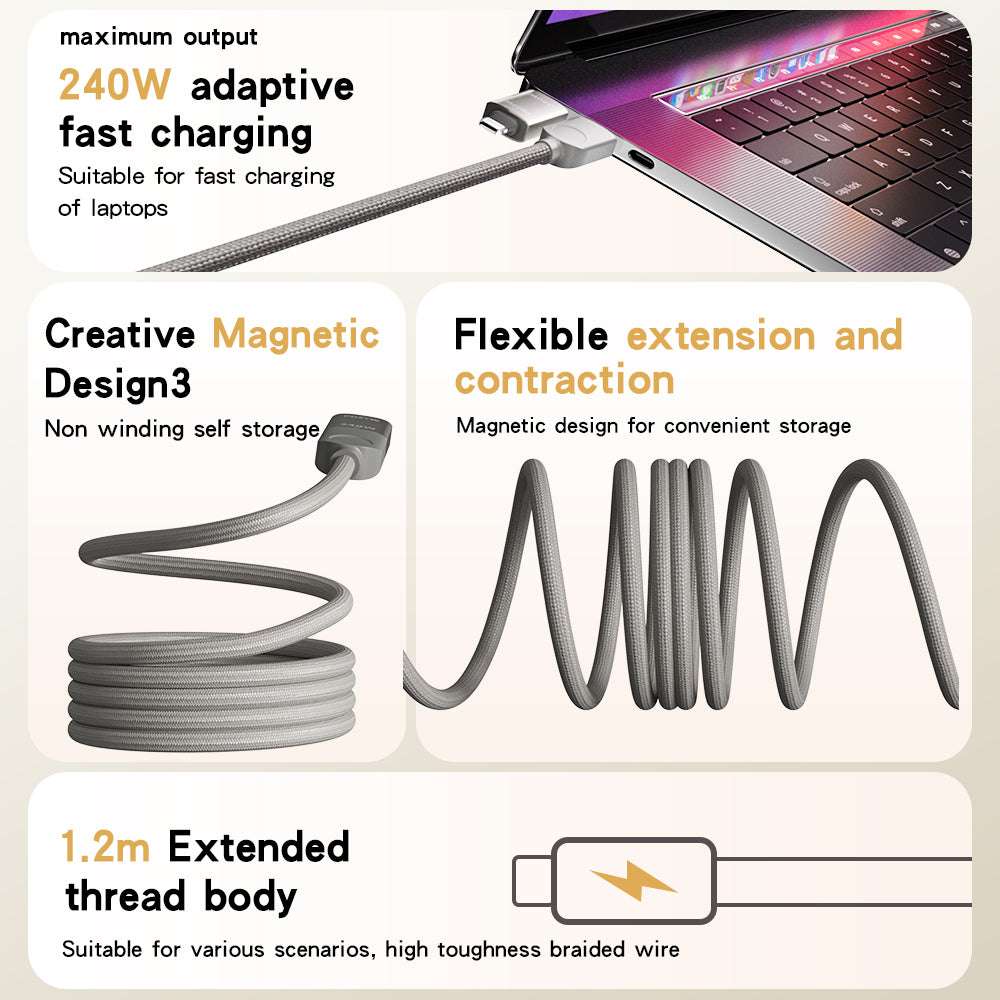 4-in-1 240W Magnetic Wired Supercharging Cable for MacBook, iPad, iPhone, Android, Vehicle