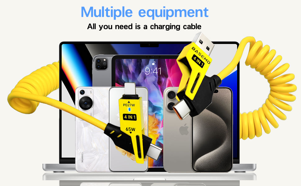 4-in-1 65W Spring Wired Supercharging Cable for MacBook, iPad, iPhone, Android, Vehicle