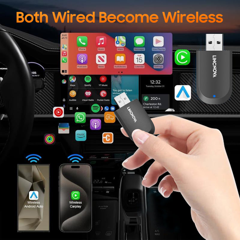 2-in-1 Wireless Adapter for Apple CarPlay and Android Auto Convert Wired to Wireless Car Play Adapter