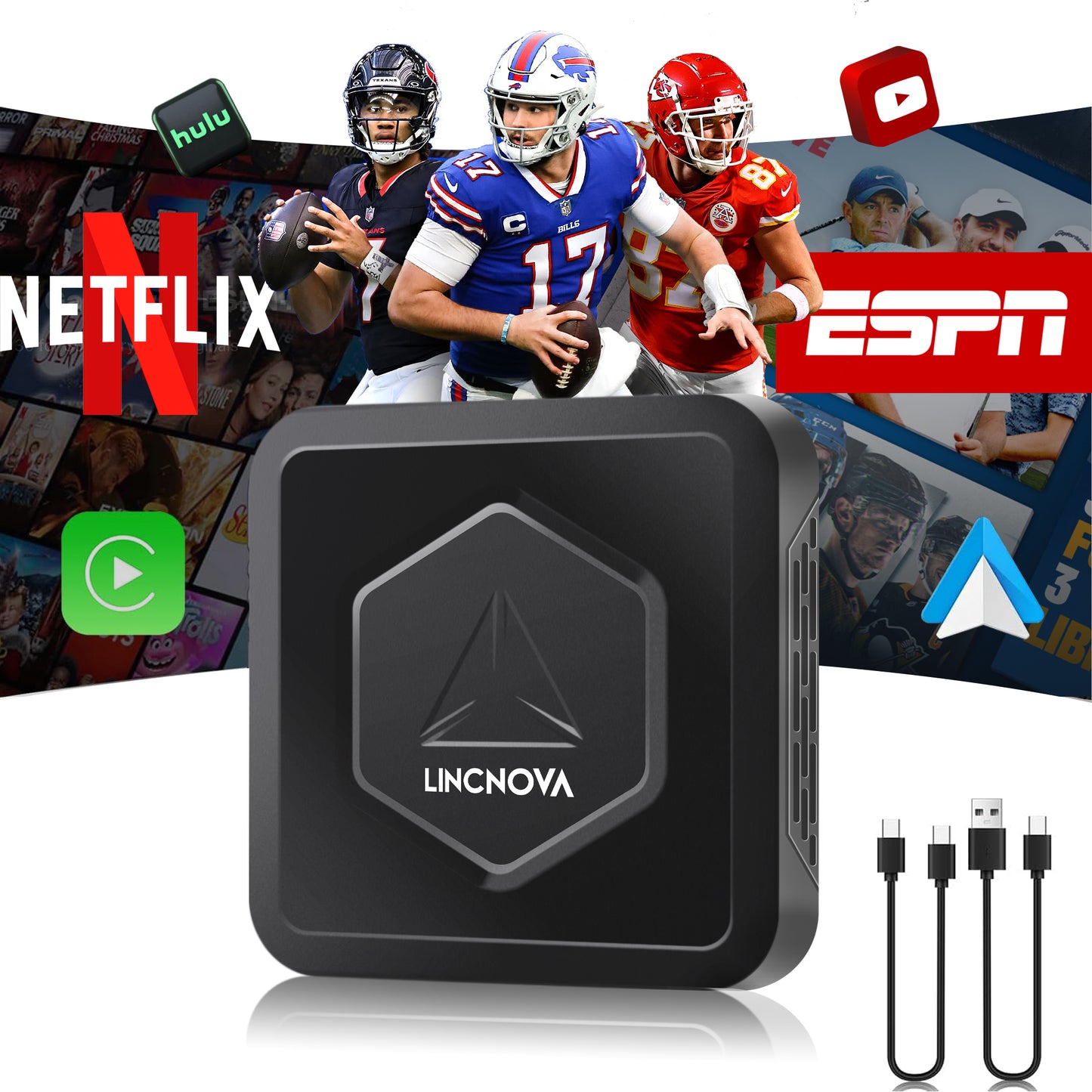 3-in-1 Wireless CarPlay & Android Ai Box with Wi-Fi and Bluetooth - Supports Netflix/ESPN/YouTube/Hulu and TF Card