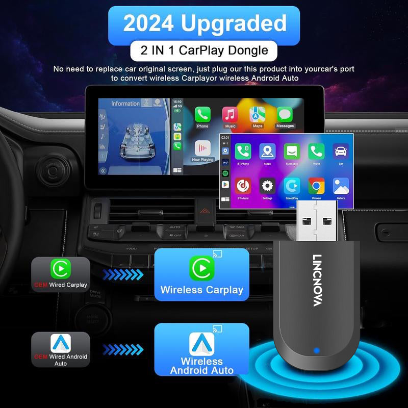 2-in-1 Wireless Adapter for Apple CarPlay and Android Auto Convert Wired to Wireless Car Play Adapter