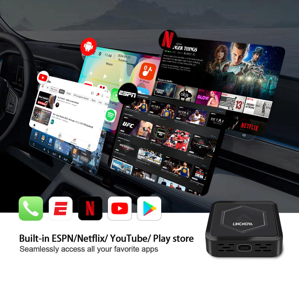 3-in-1 Wireless CarPlay & Android Ai Box with Wi-Fi and Bluetooth - Supports Netflix/ESPN/YouTube/Hulu and TF Card